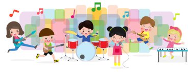 müzik aletleri oynayan çocuk grubu, Karikatür dans çocuklar, sevimli çocuk müzisyen müzik oynarken çeşitli eylemler. Müzik kavramı illüstratör vektör ü çal
