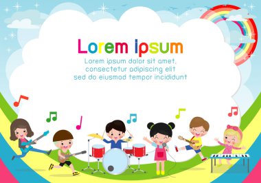 müzik aletleri oynayan çocuk grubu, Karikatür dans çocuklar, Reklam broşürü için Şablon, poster metin, Çocuk ve çerçeve, Vektör İllüstrasyon