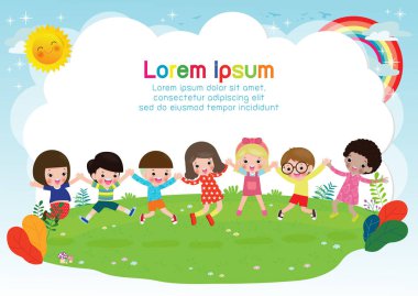 Birlikte oynayan bir grup mutlu çocuk, Çocuklar el ele tutuşuyor ve çayırda zıplıyor. reklam broşür.your text, çocuk ve çerçeve, Vektör İllüstrasyon için yaz Şablonu