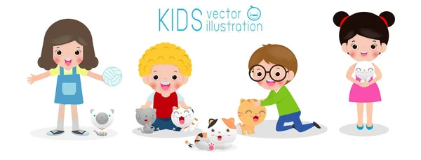 快乐的孩子与猫 一套孩子和小猫 男孩和女孩与小猫 卡通风格 孤立的白色背景矢量插图 — 图库矢量图片
