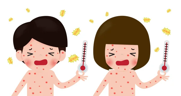 Children has chicken pox , kids fever and chickenpox symptoms and prevention. sick man and woman with fever and red rash, boy and girl Measles,Health care cartoon character vector illustration