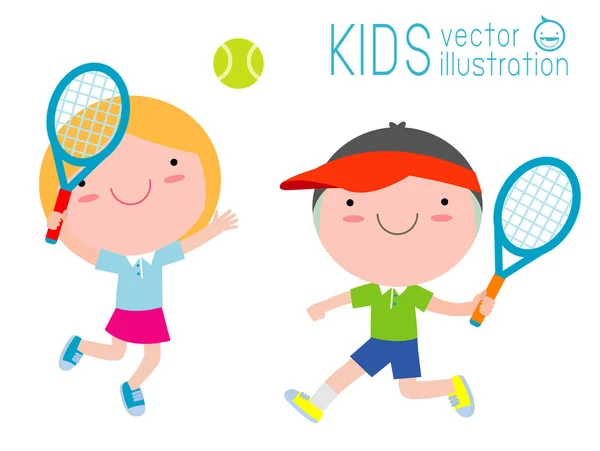 白い背景に隔離されたテニスをしている子供たちのベクトルイラスト — ストックベクタ