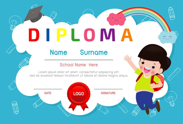 Sertifikalar anaokulu ve ilköğretim, Okul Öncesi Çocuk Diploması sertifika desen tasarım şablonu, Anaokulu öğrencileri için Diploma şablonu, Çocuk Belgesi diploması