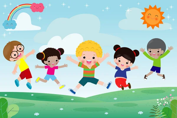 Grupo Niños Felices Saltando Prado Verano Niño Saltar Juntos Plantilla — Vector de stock