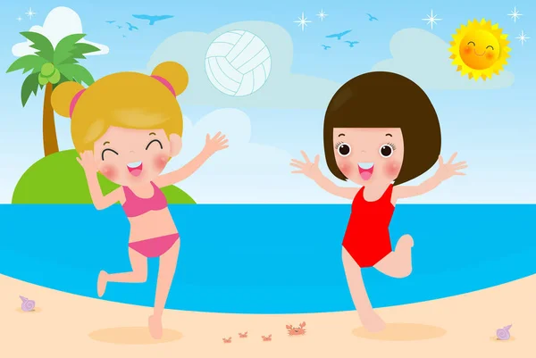 Cute Little Girl Grając Siatkówkę Plaży Dzieci Uprawiania Sportu Relaksu — Wektor stockowy