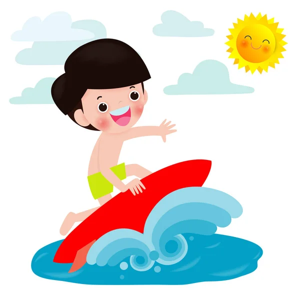 cute surfer boy character with surfboard and riding on ocean wave. Happy young surfer guy on the crest wave, flat vector illustration