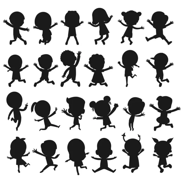 Stor Grupp Svarta Barn Silhouette Spelar Hoppning Barn Silhuetter Dans — Stock vektor