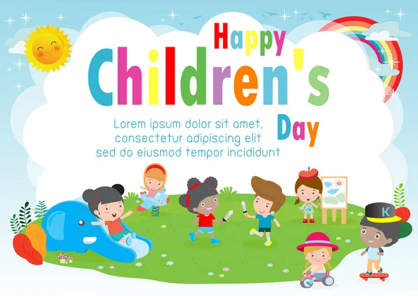 遊び場ベクトルイラストで遊ぶ幸せな子供たちとの幸せな子供の日の背景ポスター — ストックベクタ