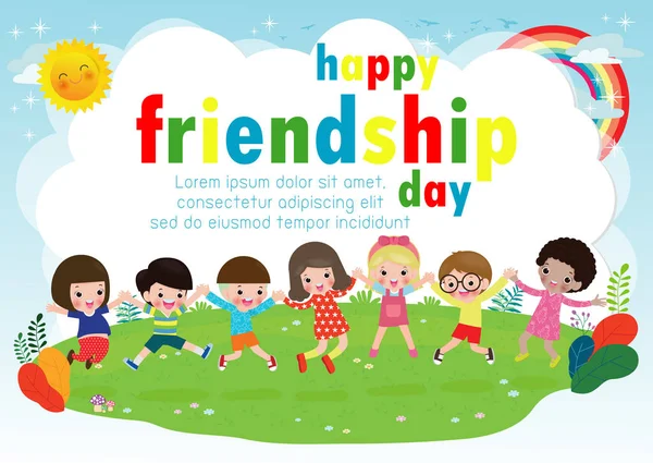 Happy Friendship Day Greeting Card Diverse Friend Group Children Holding — Stock Vector