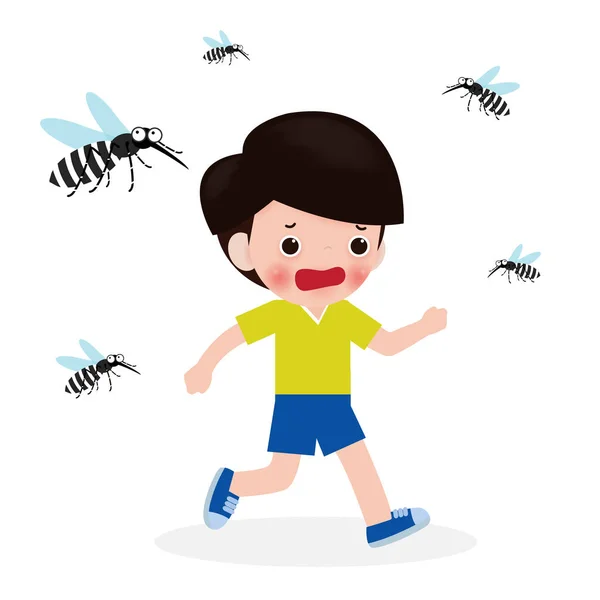 Anak-anak lari dari nyamuk berdarah, virus Zika, malaria, demam kuning, Aedes Aegypti terisolasi dengan latar belakang putih — Stok Ilustrasi Anak Anak Lari Dari Nyamuk Berdarah Virus Zika Malaria Demam Stok Ilustrasi