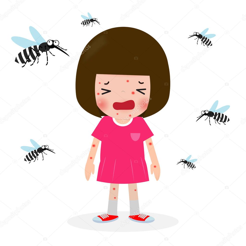 children bitten by mosquitoes, Zika virus ,malaria, yellow fever, Aedes Aegypti isolated on white background vector illustration
