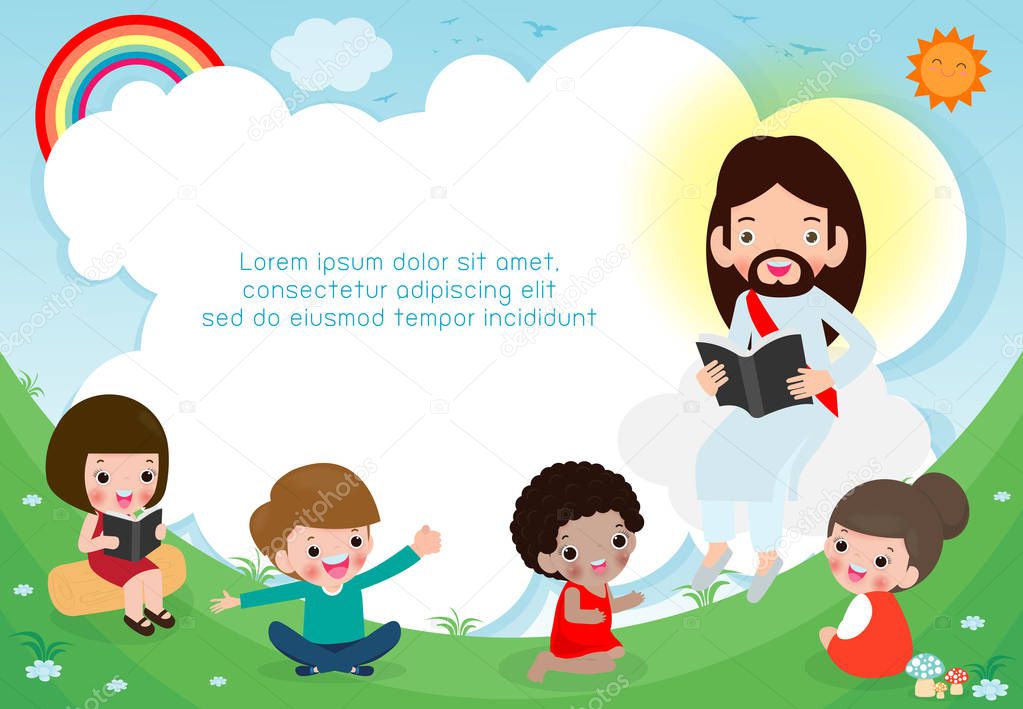 Jesus Christ reading the Bible with Children.Jesus preaching to a group of kids. Template for advertising brochure. Ready for your message. vector illustration