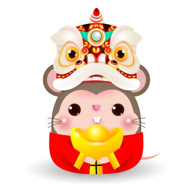 Aslan Dans Kafası çin altın tutan küçük sıçan, Sıçan zodyak Happy Çin yeni yıl 2020 yıl, Karikatür vektör illüstrasyon beyaz arka plan üzerinde izole.