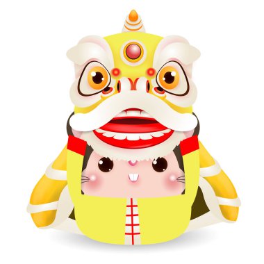 Küçük sıçan Aslan Dansı gerçekleştirir, Mutlu Çin yeni yıl 2020 sıçan zodyak yıl, Karikatür vektör illüstrasyon beyaz arka plan üzerinde izole.