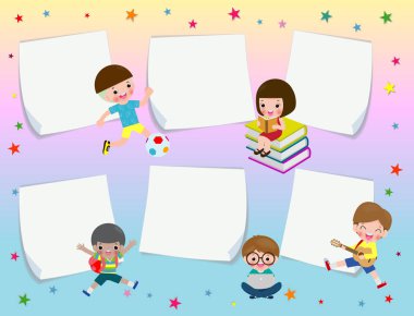 sevimli çocuk eğitimi, okul çocukları veya okula geri, Şablon metin, mesaj ile reklam broşürü ile not kağıt. Vektör çizimi