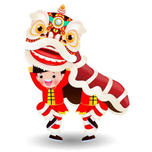 Two Little Boys Performs Lion Dance Happy Chinese New Year — Stock Vector