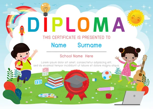 Certificados Jardim Infância Elementar Pré Escolar Crianças Diploma Certificado Modelo — Vetor de Stock