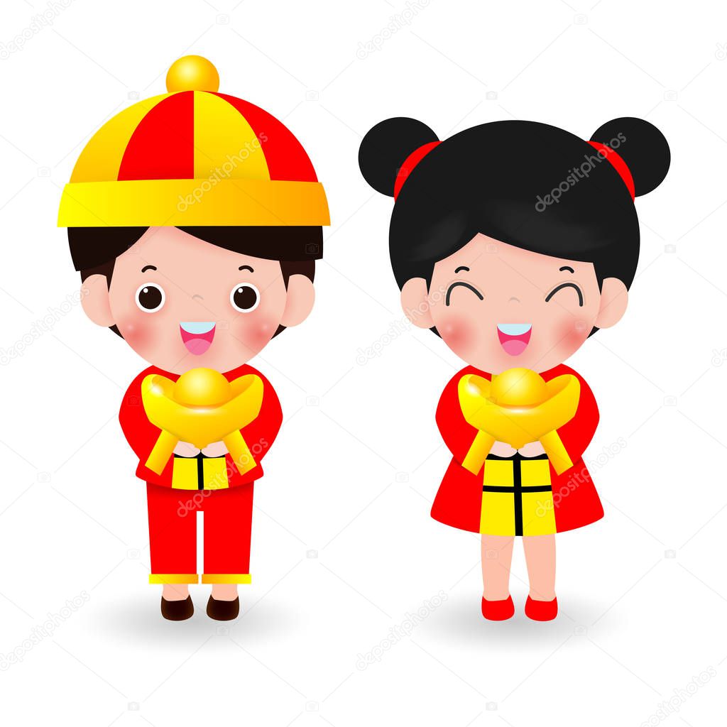 children with holding Chinese gold, Happy Chinese new year 2020, kids Cartoon vector illustration isolated on white background.