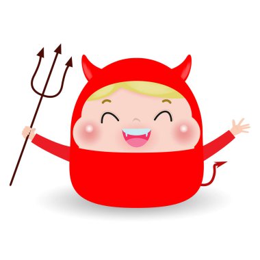 Sevimli küçük Kırmızı Şeytan İblisi. Cadılar Bayramı kostümü erkek çocuk beyaz arka plan üzerinde izole. Cadılar Bayramı Çocuk Kostüm Partisi Vektör illüstrasyon.