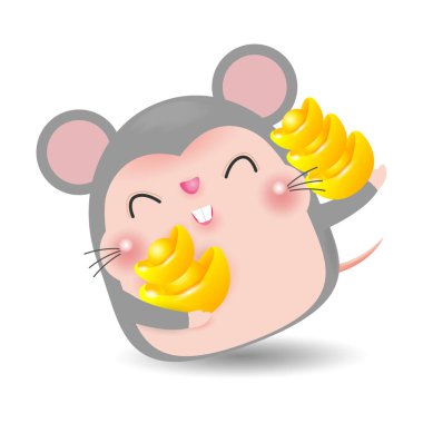Çin altın tutan küçük sıçan, Sıçan zodyak Happy Çin yeni yıl 2020 yıl, Karikatür vektör illüstrasyon beyaz arka plan üzerinde izole.