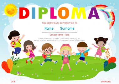 Sertifika çocuk diploması, anaokulu şablonu düzeni alan arka plan çerçeve tasarım vektörü. Okul Öncesi Çocuk Diploması, Çocuk Belgesi diploması, eğitim okul öncesi kavramı. Vektör İllüstrasyonu