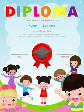 Sertifika çocuk diploması, anaokulu şablonu düzeni alan arka plan çerçeve tasarım vektörü. Okul Öncesi Çocuk Diploması, Çocuk Belgesi diploması, eğitim okul öncesi kavramı. Vektör İllüstrasyonu