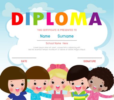 Sertifika çocuk diploması, anaokulu şablonu düzeni alan arka plan çerçeve tasarım vektörü. Okul Öncesi Çocuk Diploması, Çocuk Belgesi diploması, eğitim okul öncesi kavramı. Vektör İllüstrasyonu