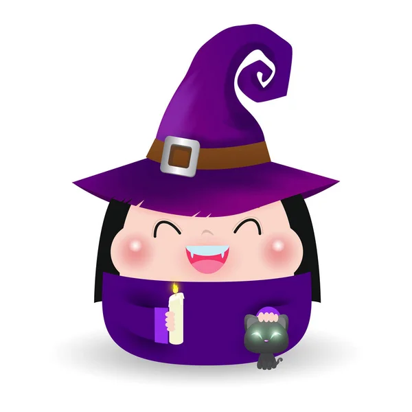 Jolie Petite Sorcière Enfant Fille Costume Halloween Avec Chat Noir — Image vectorielle