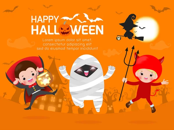 Vrolijke Halloween Groep Kind Halloween Kostuum Springen Sjabloon Voor Reclamebrochure — Stockvector