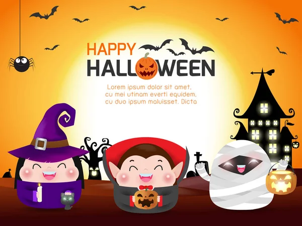 Wesołego Halloween Grupa Dzieci Kostiumie Halloween Szablon Broszury Reklamowej Wesołych — Wektor stockowy