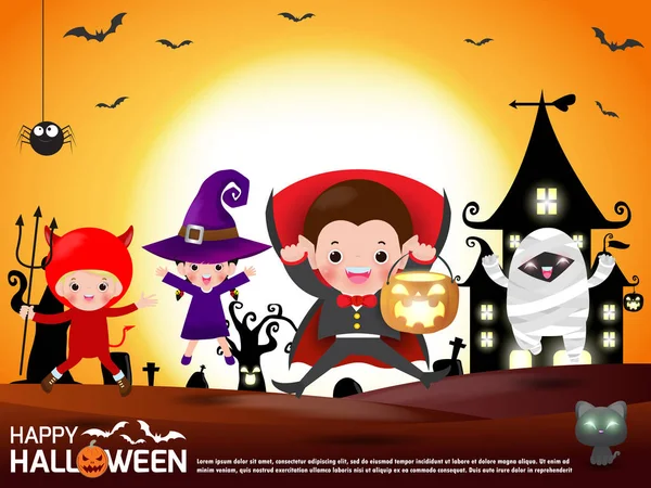 Veselý Halloween Skupina Dětí Halloweenské Kostýmní Skákání Šablona Pro Reklamní — Stockový vektor