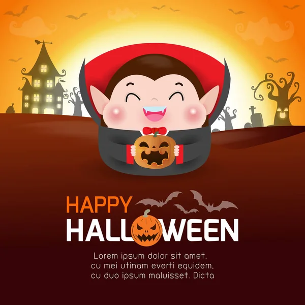 Šťastný Halloween Plakát Roztomilý Malý Drakula Upír Držící Dýni Měsíčním — Stockový vektor