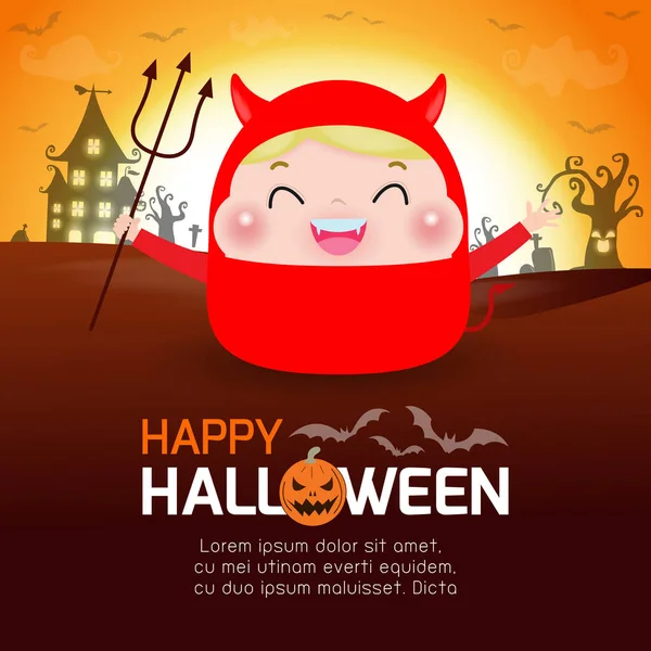 Buon Halloween Piccolo Demone Del Diavolo Rosso Carino Chiaro Luna — Vettoriale Stock