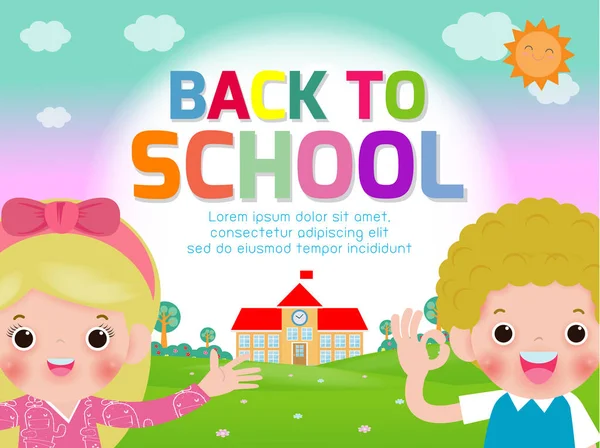 Back to school vector banner design with happy Children, poster background cover book, web, flyer, banner and template. Ready for your message, Funny cartoon kids character. Vector illustration