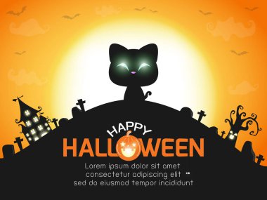 Mutlu cadılar bayramı posteri, ay ışığı altında kara kedi, cadılar bayramı bayrağı, cadılar bayramı şakası ya da tedavi geçmişi, reklam broşürü, tebrik kartı illüstrasyonu.