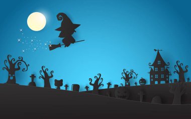 Mutlu Cadılar Bayramı, ay cadı silueti, reklam broşürü için Şablon. tebrik kartı mutlu cadılar bayramı parti afiş ve tema tasarımı arka plan, kağıt sanat ve zanaat tarzı Vektör İllüstrasyon