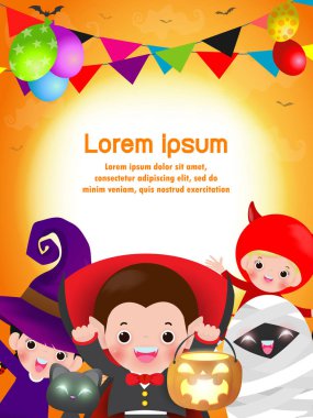 Mutlu Cadılar Bayramı Çocuk Kostüm Partisi. Cadılar Bayramı kostüm atlama çocuk grubu. Reklam broşürü için şablon. Mutlu Cadılar Bayramı parti afiş ve tema tasarımı arka plan Vektör İllüstrasyon