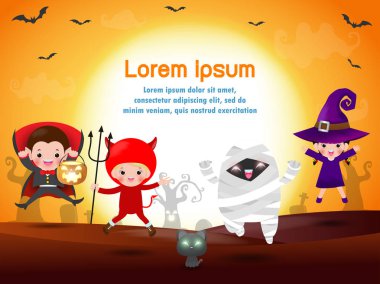 Mutlu Cadılar Bayramı Çocuk Kostüm Partisi. Cadılar Bayramı kostüm atlama çocuk grubu. Reklam broşürü için şablon. Mutlu Cadılar Bayramı parti afiş ve tema tasarımı arka plan Vektör İllüstrasyon