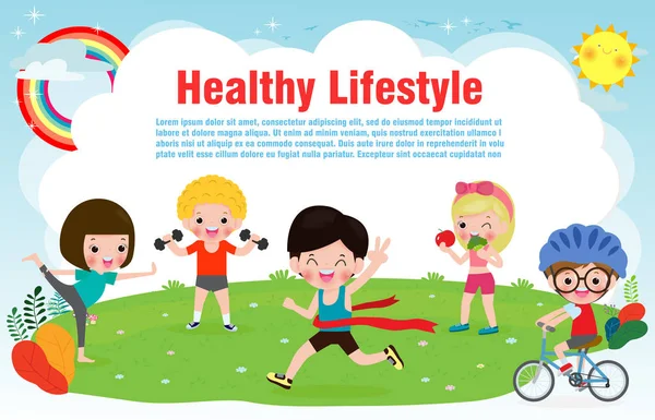 Άνθρωποι Υγιεινός Τρόπος Ζωής Happy Παιδιά Άσκηση Δημιουργεί Και Yoga — Διανυσματικό Αρχείο