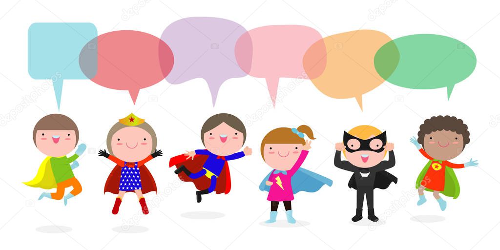 Cute superhero kids with speech bubbles, Set of super hero child with speech bubbles isolated on white background, Vector Illustration