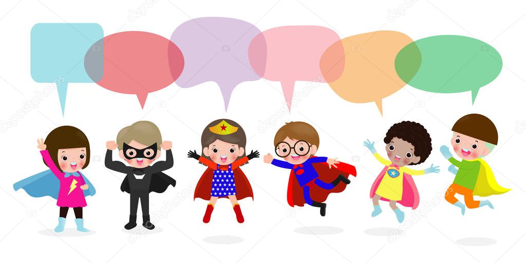 Cute superhero kids with speech bubbles, Set of super hero child with speech bubbles isolated on white background, Vector Illustration
