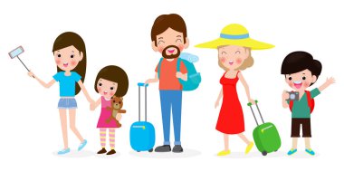 Seyahat eden insanlar kümesi, Aile tatili, Turizm günü vektör illüstrasyon beyaz arka plan izole
