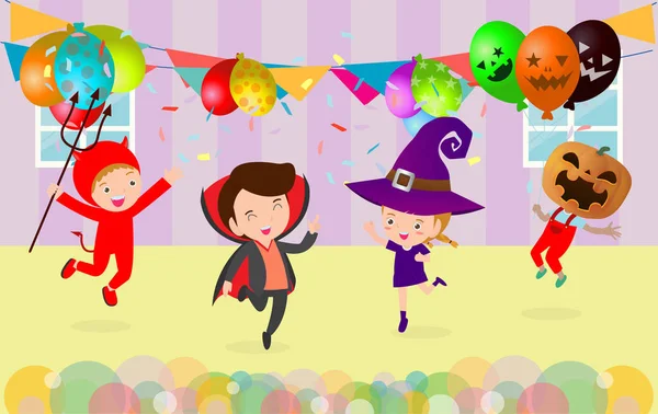 Mutlu Cadılar Bayramı Çocuk Kostüm Partisi Cadılar Bayramı Cosplay Çocuk — Stok Vektör