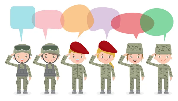 stock vector set of soldiers with speech bubble, talking with speech balloon vector illustration isolated on white background US Army, soldiers Isolated vector illustration.