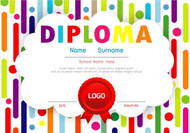 Sertifika çocuk diploması, anaokulu şablonu düzeni alan arka plan çerçeve tasarım vektörü. Okul Öncesi Çocuk Diploması, Çocuk Belgesi diploması, eğitim okul öncesi kavramı. Vektör İllüstrasyonu