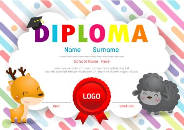 Sertifika çocuk diploması, anaokulu şablonu düzeni alan arka plan çerçeve tasarım vektörü. Okul Öncesi Çocuk Diploması, Çocuk Belgesi diploması, eğitim okul öncesi kavramı. Vektör İllüstrasyonu