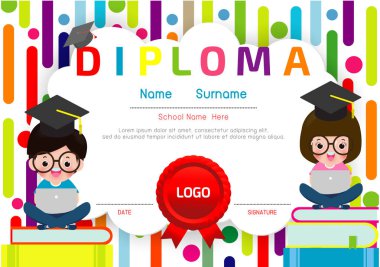 Sertifika çocuk diploması, anaokulu şablonu düzeni alan arka plan çerçeve tasarım vektörü. Okul Öncesi Çocuk Diploması, Çocuk Belgesi diploması, eğitim okul öncesi kavramı. Vektör İllüstrasyonu