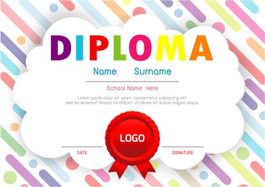 Sertifika çocuk diploması, anaokulu şablonu düzeni alan arka plan çerçeve tasarım vektörü. Okul Öncesi Çocuk Diploması, Çocuk Belgesi diploması, eğitim okul öncesi kavramı. Vektör İllüstrasyonu