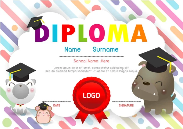 Sertifika çocuk diploması, anaokulu şablonu düzeni alan arka plan çerçeve tasarım vektörü. Okul Öncesi Çocuk Diploması, Çocuk Belgesi diploması, eğitim okul öncesi kavramı. Vektör İllüstrasyonu