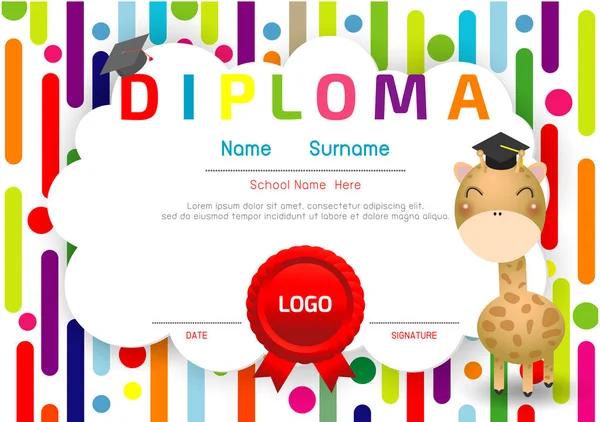 Sertifika çocuk diploması, anaokulu şablonu düzeni alan arka plan çerçeve tasarım vektörü. Okul Öncesi Çocuk Diploması, Çocuk Belgesi diploması, eğitim okul öncesi kavramı. Vektör İllüstrasyonu